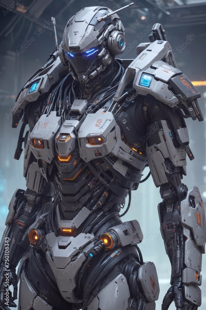 Heavily armed mech soldier from the future. AI generated illustration Heavily armed mech soldier from the future. AI generated illustration