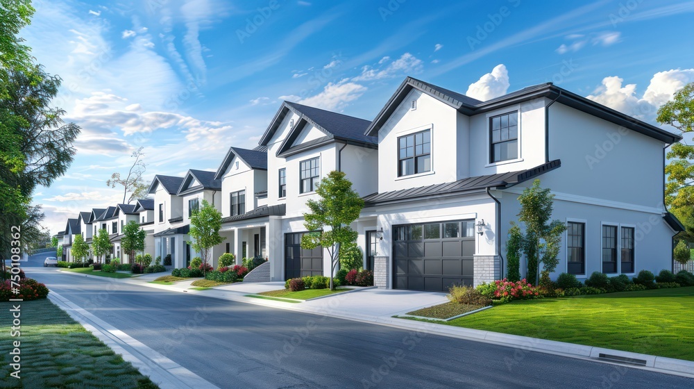A residential street featuring a row of modern two-story houses with well-maintained lawns under a clear blue sky A residential street featuring a row of modern two-story houses with well-maintained lawns under a clear blue sky
