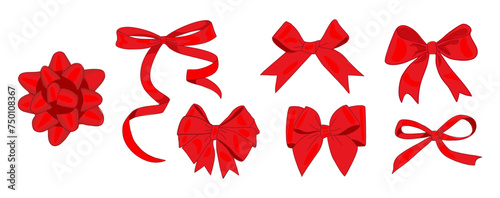 Set of red gift ribbon bows different shapes. Collection of gorgeous decorative wrapping tapes for Christmas, Birthday, Wedding, Anniversary presents. Vector illustration on transparent background.