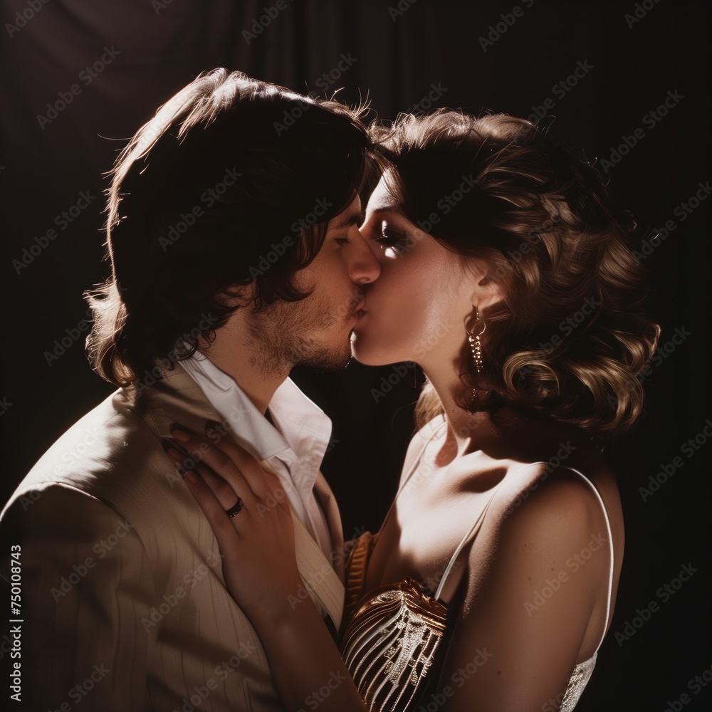 A passionate moment captured in time; a man and a woman kissing tenderly in front of a deep black background, evoking the nostalgia of a 70s romance.