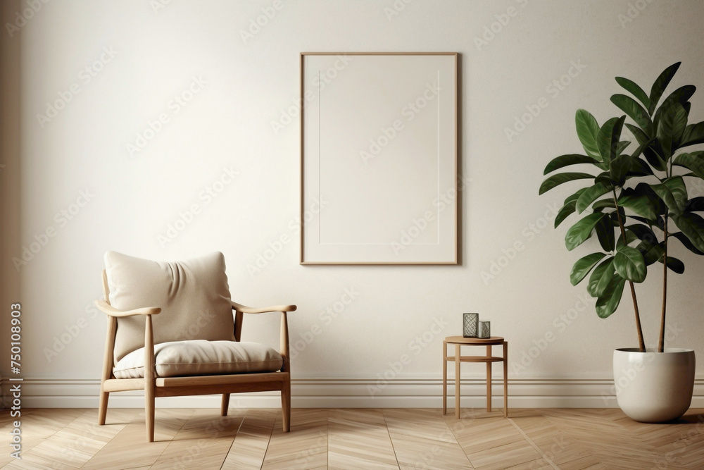 Find peace in the calm ambiance of a beige living room with a solitary wooden chair, a verdant plant, and an empty frame awaiting your words. - obrazy, fototapety, plakaty 