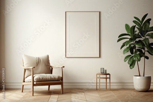 Find peace in the calm ambiance of a beige living room with a solitary wooden chair  a verdant plant  and an empty frame awaiting your words.