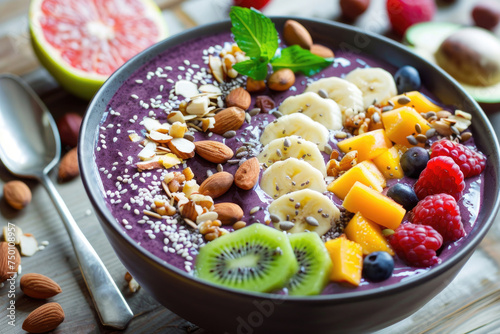 Vibrant Acai smoothie bowl adorned with colorful fruits and nuts