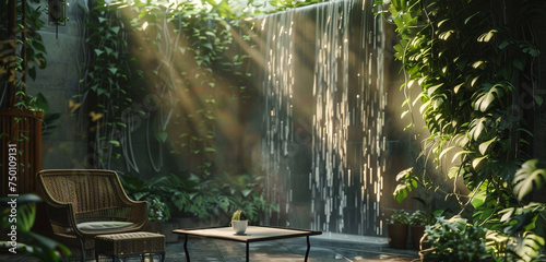 Urban oasis balcony featuring a square metal table, rattan furniture, and a cascading waterfall of vines. photo