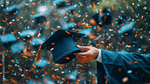 hand of a recent graduate holding a hat about to be thrown, festive atmosphere