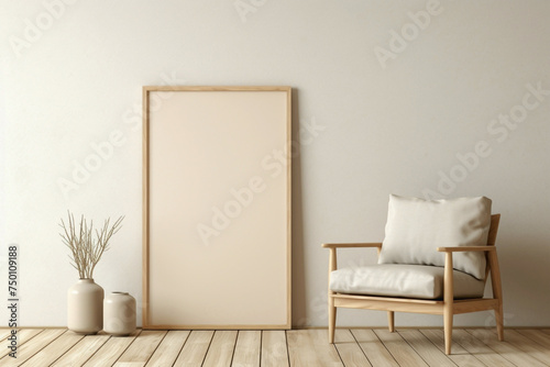 A serene beige interior featuring a solitary chair, wooden accents, and a blank frame ready for personalized text.