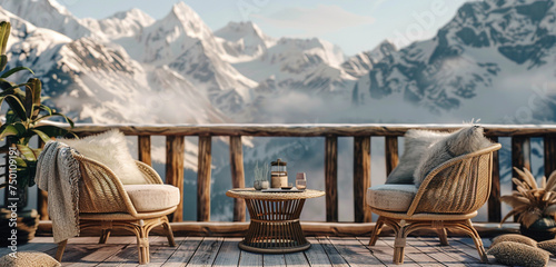 Wooden balcony, snowy peaks backdrop, vintage rattan furniture, warm fabric accents.