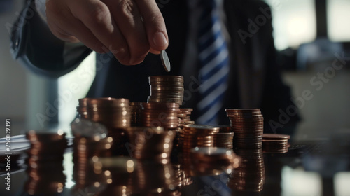 person in professional attire stacking coins into piles on a reflective surface, with a focus on savings or financial growth.
