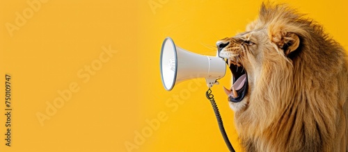 Lion roaring on a white megaphone on yellow background. copy space. generative AI image photo