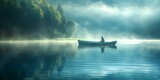 A solitary man peacefully drifts in a boat on a serene lake. Concept Nature, Solitude, Reflection, Serenity, Tranquility