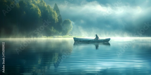 A solitary man peacefully drifts in a boat on a serene lake. Concept Nature, Solitude, Reflection, Serenity, Tranquility © Ян Заболотний