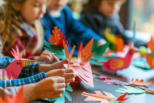 Children making Thanksgiving crafts, colorful paper turkeys and leaves, creative and joyful family activity