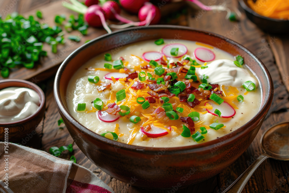 A hearty baked potato soup with cauliflower and radishes, topped with cheese and crispy bacon
