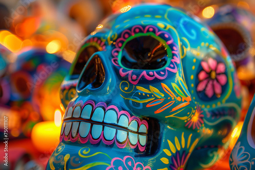 Intricate Hand-Painted Dia de los Muertos Skull: Close-Up Revealing Detailed Craftsmanship, Vibrant Colors, and Elaborate Designs Celebrating Tradition and Artistry