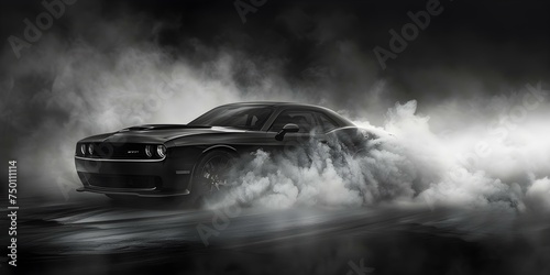 Monochrome photograph capturing dynamic black car surrounded by billowing smoke clouds. Concept Monochrome Photography  Dynamic Black Car  Billowing Smoke Clouds