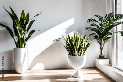 modern living room with plant  A sleek modern white ceramic pot cradles a vibrant snake plant  standing gracefully against a backdrop of a clean white wall bathed in natural sunlight