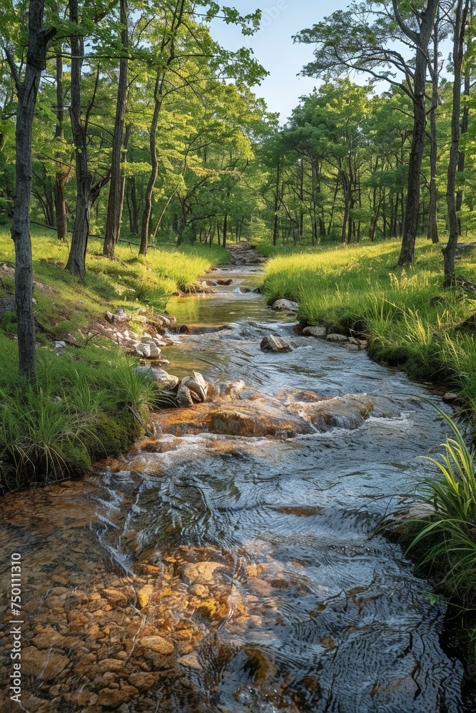 A tranquil morning scene in a sunny forest with a flowing stream, green foliage, and a peaceful atmosphere. A tranquil morning scene in a sunny forest with a flowing stream, green foliage, and a peaceful atmosphere.