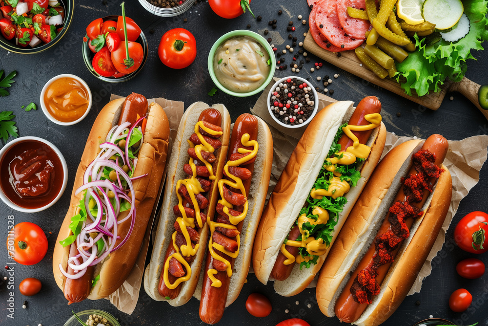 Assortment of Hot Dogs adorned with Various Toppings, Celebrating National Hot Dog Day with Flavorful Delights, Ready for Indulgent Enjoyment from Above Assortment of Hot Dogs adorned with Various Toppings, Celebrating National Hot Dog Day with Flavorful Delights, Ready for Indulgent Enjoyment from Above