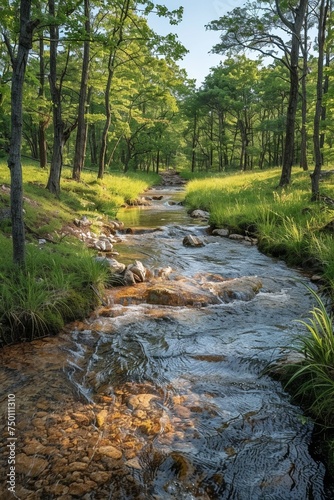 A tranquil morning scene in a sunny forest with a flowing stream  green foliage  and a peaceful atmosphere.