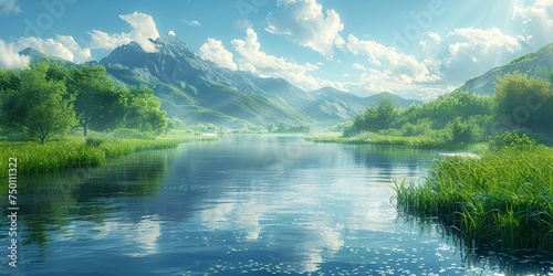 A peaceful and misty nature landscape featuring a beautiful lake, greenery, and mountains, creating an idyllic scene.