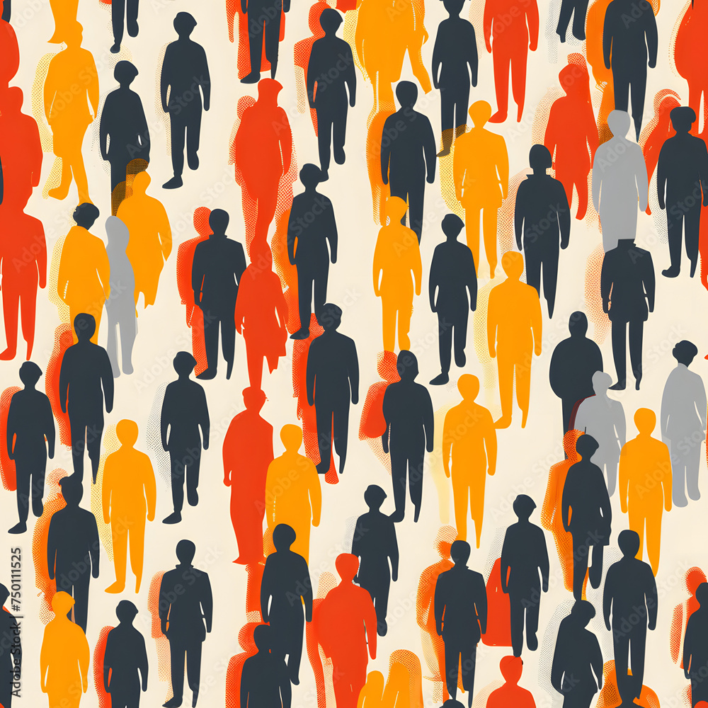 Simple flat two-color graphics of people silhouettes, diverse crowd, united purpose