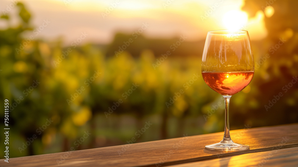 Wine tasting setup, glass of wine on a wooden table, vineyard background, soft sunset lighting, serene experience
