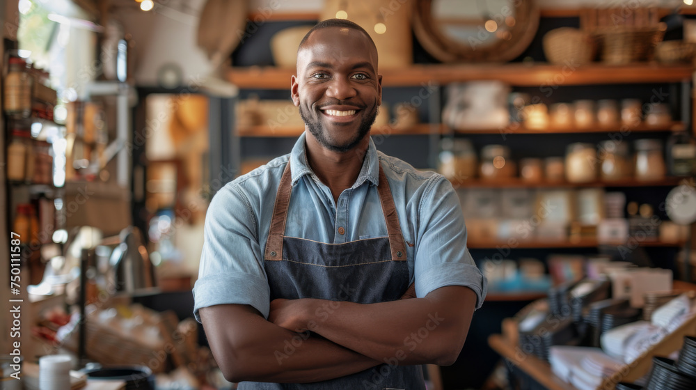 cheerful man with crossed arms wearing a denim shirt and a gray apron, standing in a cafe cheerful man with crossed arms wearing a denim shirt and a gray apron, standing in a cafe