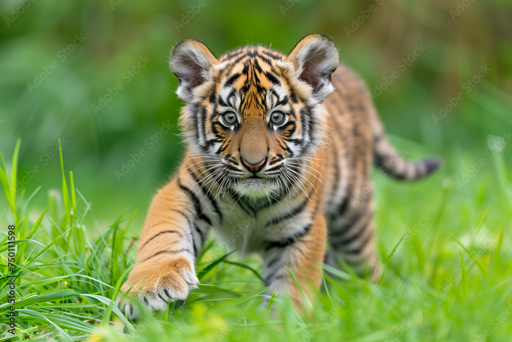 Curious Tiger Cub in Lush Green Surroundings: Adorable Young Feline Exploring with Curious Expression, Detailed Fur and Playful Paws amidst Verdant Wilderness Curious Tiger Cub in Lush Green Surroundings: Adorable Young Feline Exploring with Curious Expression, Detailed Fur and Playful Paws amidst Verdant Wilderness