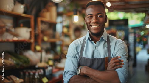 cheerful man with crossed arms wearing a denim shirt and a gray apron, standing in a cafe © HelenP