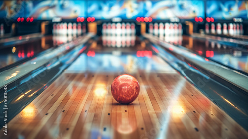 Bowling pins at the end of a lane, bright and sharp focus, with a ball striking, dynamic action shot