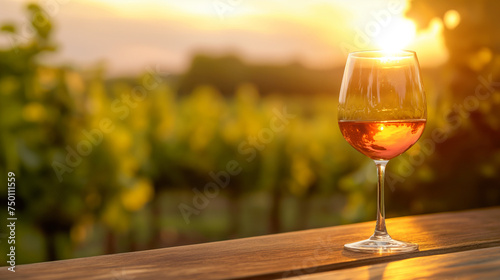 Wine tasting setup, glass of wine on a wooden table, vineyard background, soft sunset lighting, serene experience
