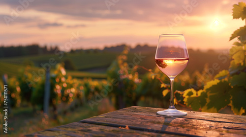 Wine tasting setup  glass of wine on a wooden table  vineyard background  soft sunset lighting  serene experience