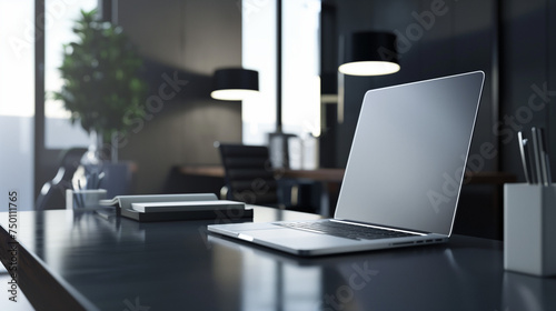 Sleek and Contemporary Office Table Mockup Featuring Minimalist Design, Accompanied by Laptop and Notepad for Productive Work Environment Visualization