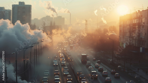 immagine che rappresenta l'inquinamento atmosferico nelle principali città, con visualizzazione dei principali inquinanti e delle relative fonti, come il traffico veicolare e le industrie photo