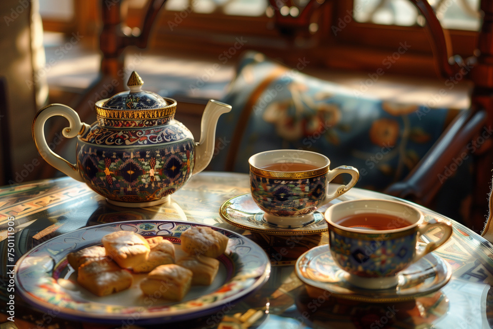 Fototapeta premium Persian tea set accompanied by sweets, intricate patterns on the cups, warm sunlight, cozy and inviting atmosphere