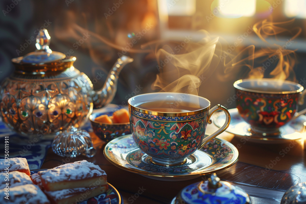 Fototapeta premium Persian tea set accompanied by sweets, intricate patterns on the cups, warm sunlight, cozy and inviting atmosphere