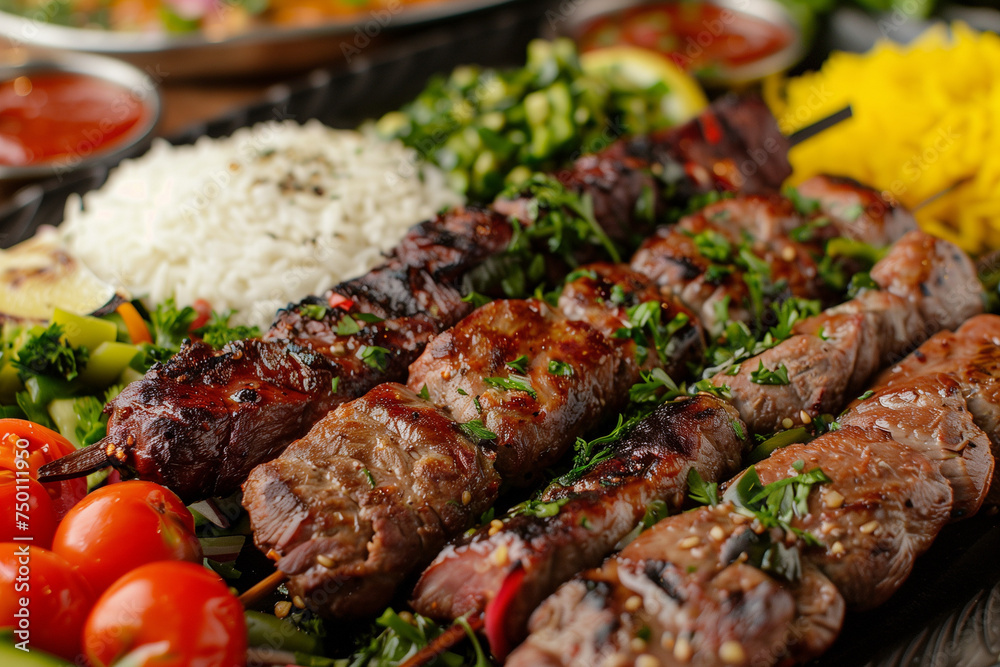 Succulent Persian Kebab Platter Close-Up: Vibrant Array of Juicy Meats, Fragrant Rice, and Fresh Herbs, Rich Colors and Detailed Textures Highlighting Culinary Delight