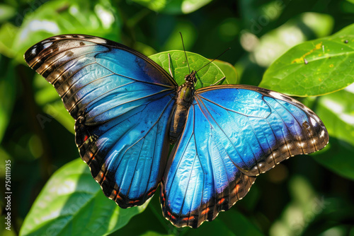 A stunning close-up of a vibrant blue morpho butterfly