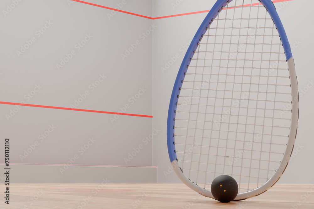 Racket and squash ball on the court in the room. 3d rendering