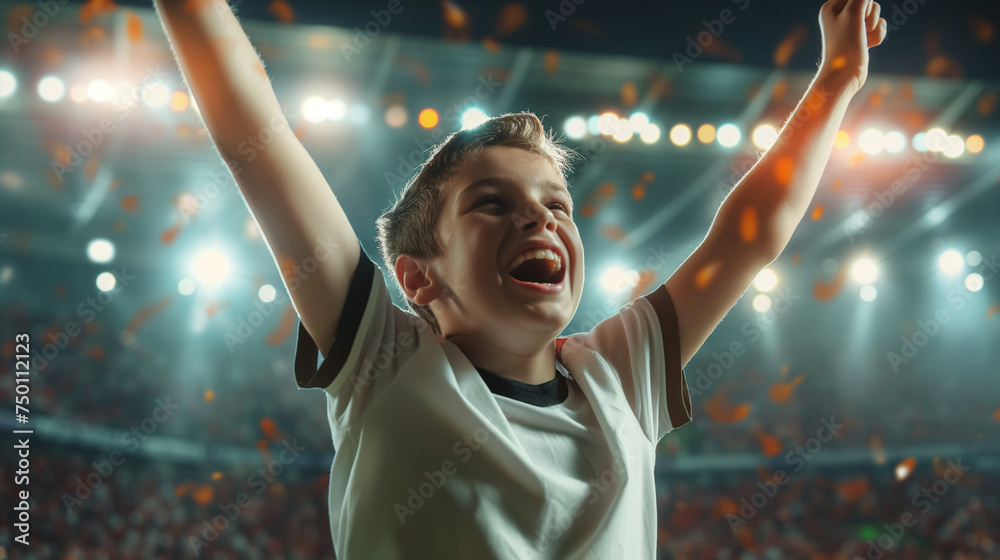 Young soccer player celebrating a goal, arms raised in victory, emotional crowd in the background, high energy - obrazy, fototapety, plakaty 