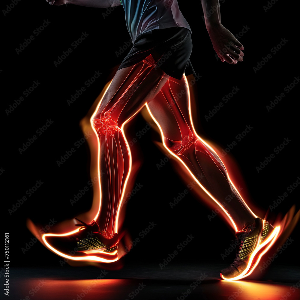 Athletic runner's legs mid stride with glowing red lines highlighting muscles and movement on a dark background