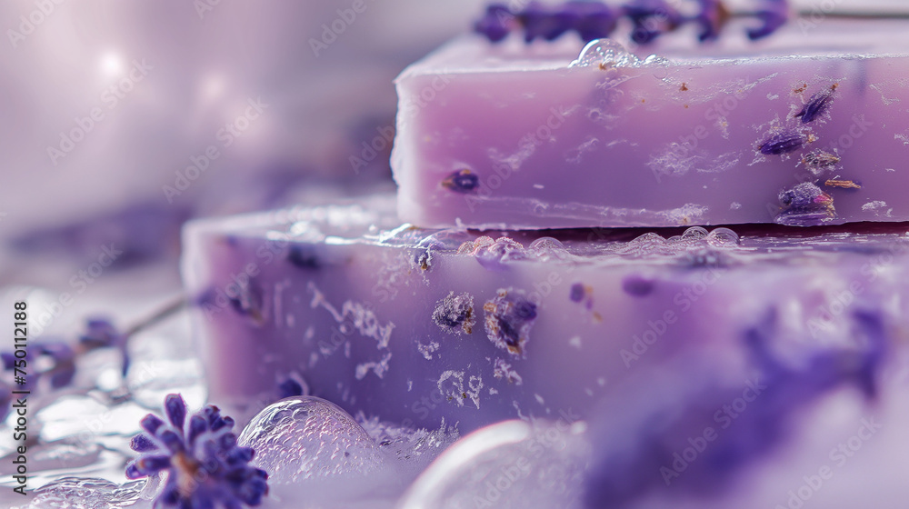 Close-up of handmade soap with lavender embeds, delicate foam, marble countertop, soft diffused lighting