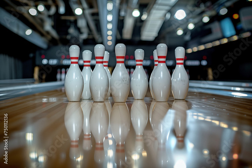 Close-up of a set of white bowling pins photo