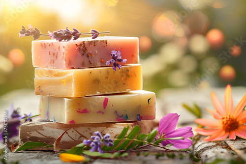 Artisanal Luxury: Vibrant Handmade Soap Bars, Stacked and Adorned with Botanical Elements, Offering a Sensory Delight and Natural Elegance in Daily Pampering Rituals