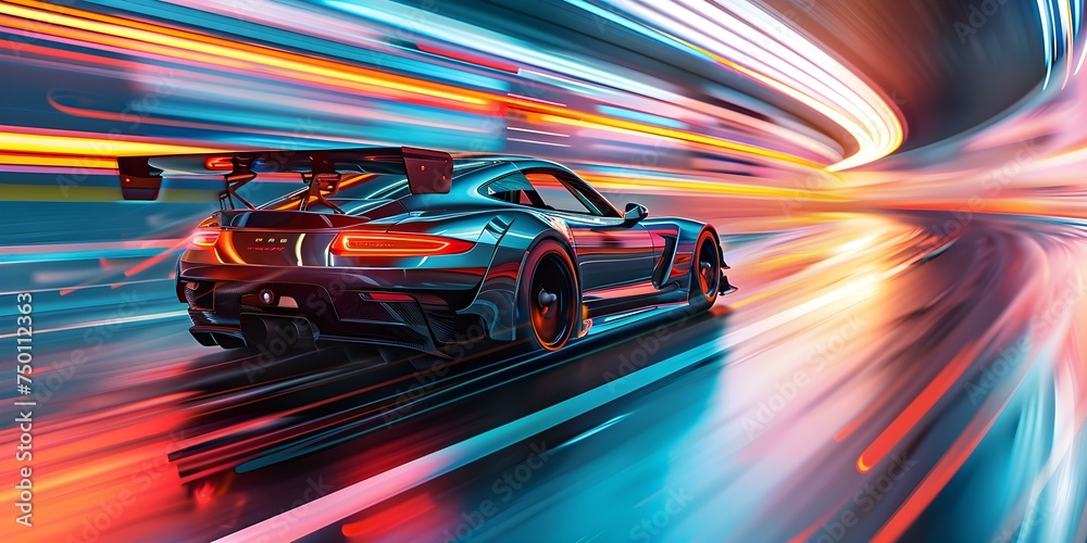 Highoctane car race artwork depicting speedy AI technology in action sequence. Concept Car Racing, Speedy AI Technology, Action Sequences, High-Octane Artwork, Dynamic Motorsports