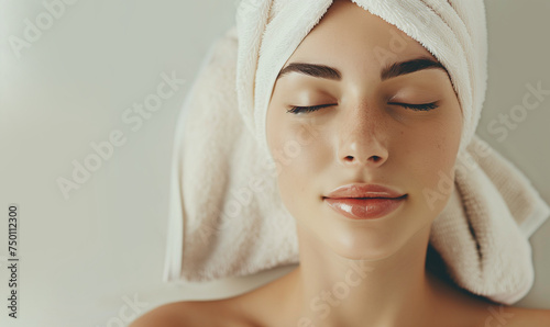 Portrait of a Woman with Closed Eyes in Towel on Her Head. Beauty  Cleanliness  and Wellness Concept. Self Care Routine.
