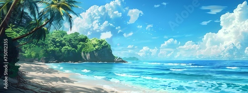 A beautiful beach scene with palm trees and a clear blue ocean © progressman