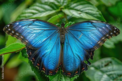 A stunning close-up of a vibrant blue morpho butterfly