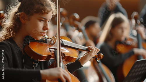 Inclusive community orchestra rehearsing a symphony that blends classical and contemporary elements - Harmonizing different musical genres.