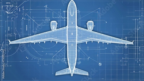 A vector illustration of an airplane blueprint depicting a top view seat map for both business and economy class, with white contour lines photo